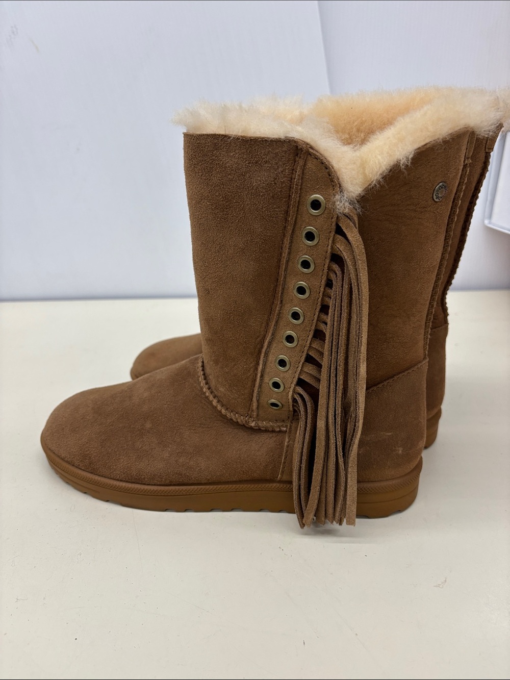 Abeo Chestnut Brown Suede Fringe Shearling Boots - Picture 8 of 8
